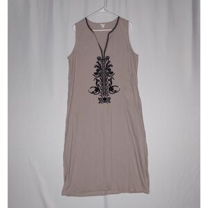 Sigrid Olsen Linen Dress XL Sleeveless Midi Embroidered Beige Minimal Beachy